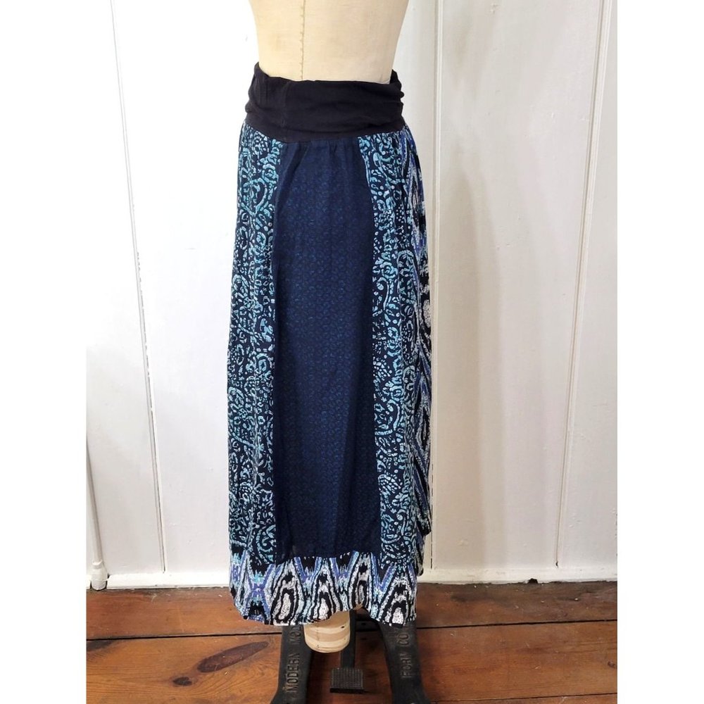 Fire Los Angeles Boho Blue Cotton Printed Patchwork Maxi Skirt - Picture 5 of 6